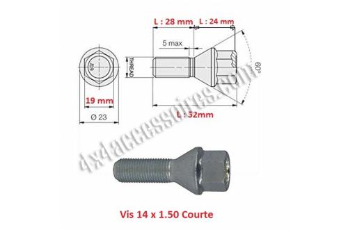 VIS DE ROUE CONIQUE 60° 14X1.50 JANTE ACIER TÊTE 17mm