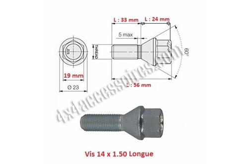VIS DE ROUE CONIQUE 60° 14X1.50 JANTE ALU TÊTE 17mm